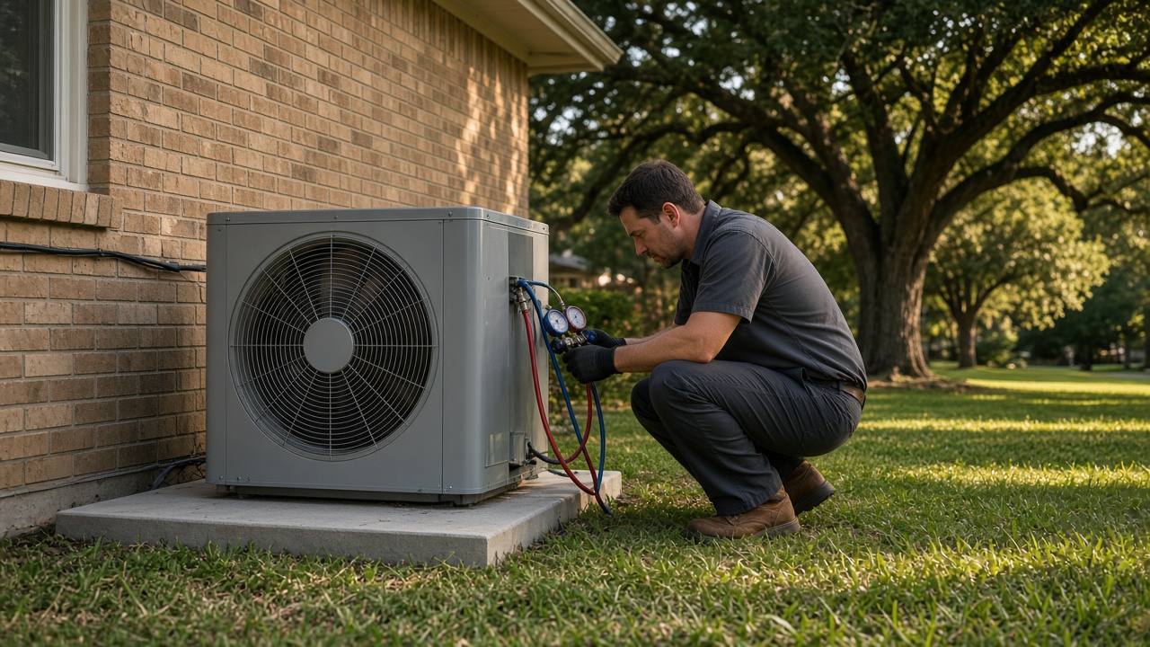Technician checking an outdoor condenser beside a Copperas Cove house